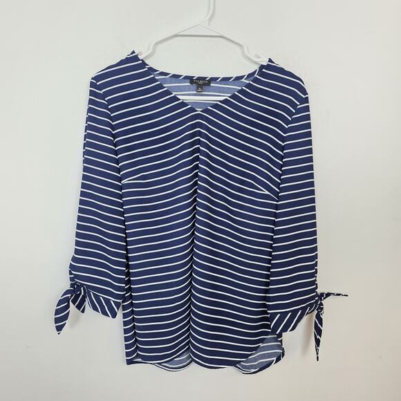 Talbots Blue White Striped 3/4 Sleeve Nautical Sailor V-Neck Blouse Size Small P - Picture 2 of 7